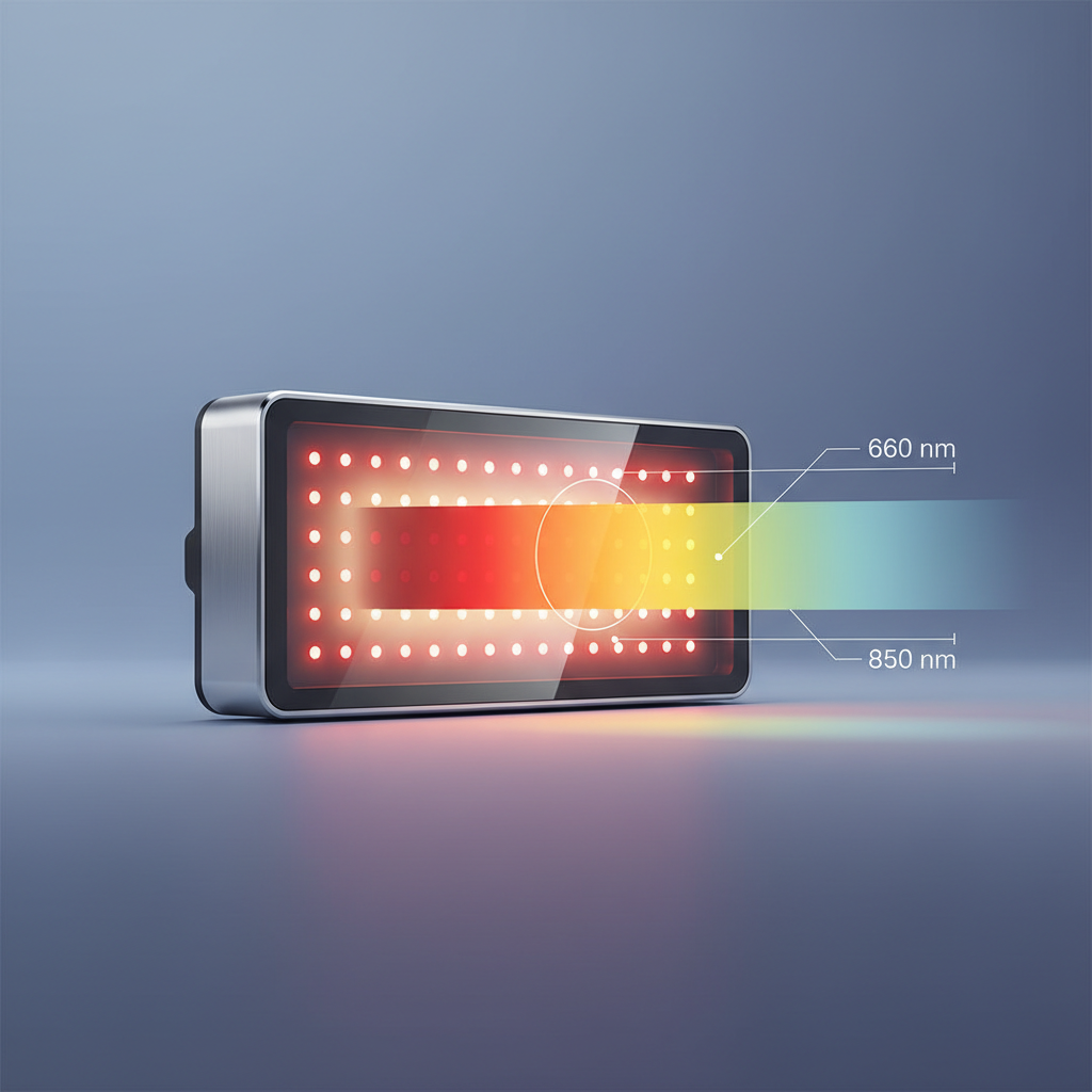 Scientific visualization of red light therapy wavelength and irradiance on a panel device.