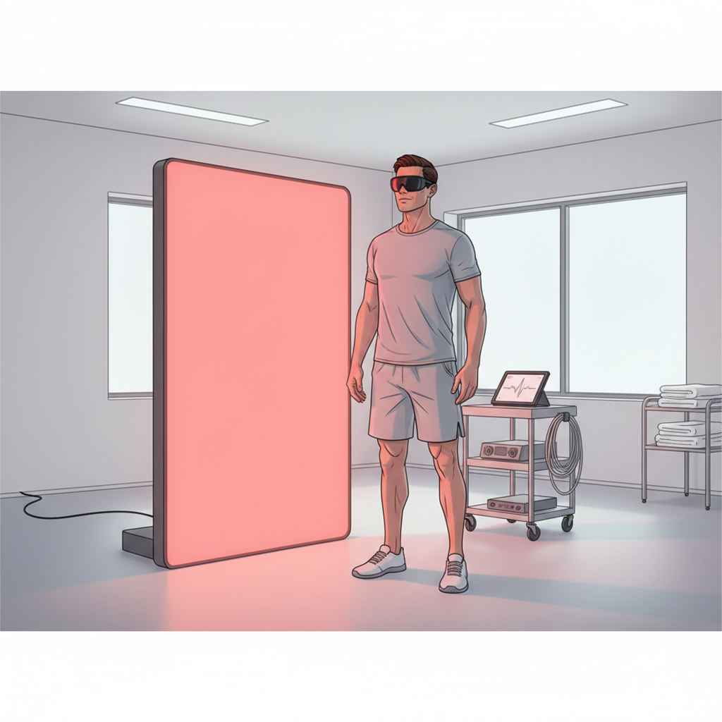 A person safely using a red light therapy panel while wearing optional protective goggles in a clean medical setting.
