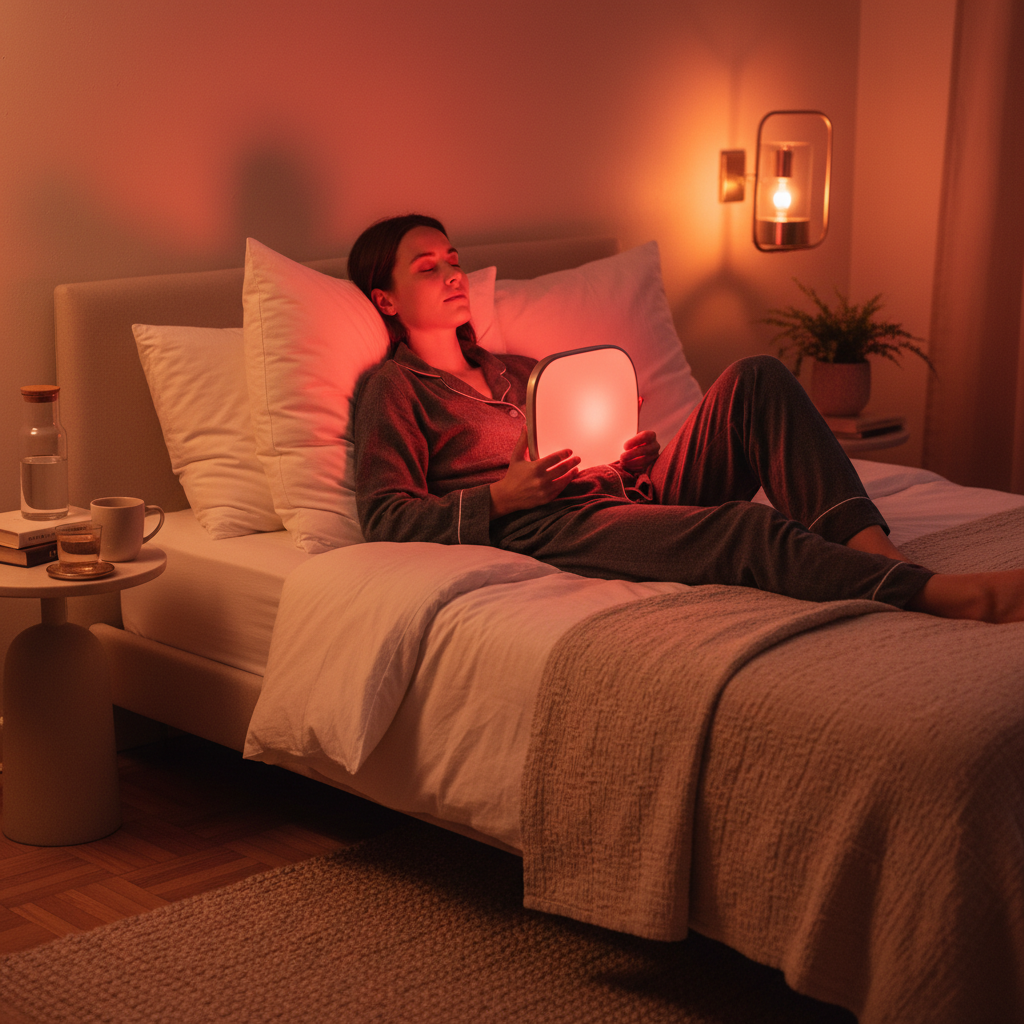 A person relaxing in a calm evening bedroom while using a red light therapy device, with warm red ambient lighting and a serene wellness atmosphere.