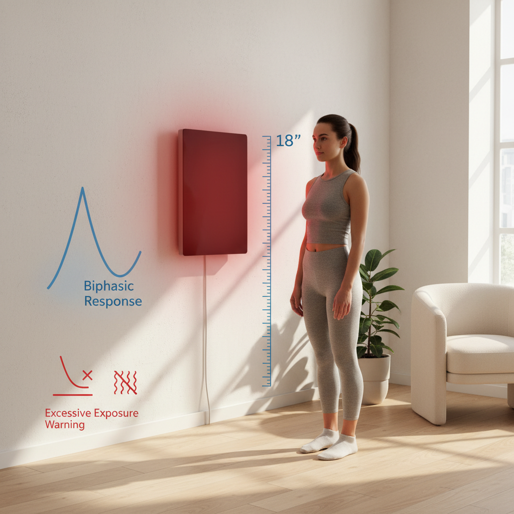 A person using a red light therapy panel at the correct distance, with visual cues showing the difference between an optimal dose and too much exposure.