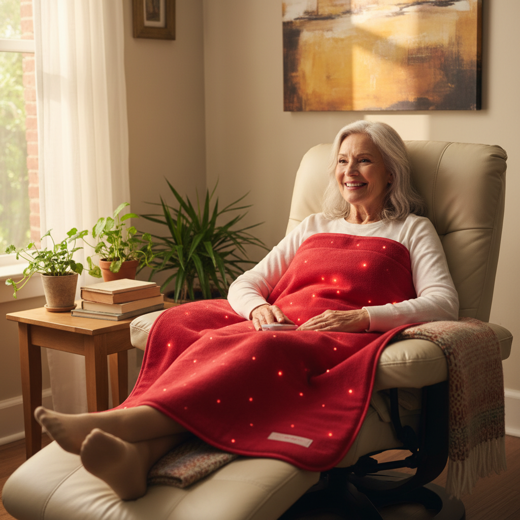 A smiling older adult comfortably using a red light therapy mat at home while seated in a living room, suggesting gentle mobility support.