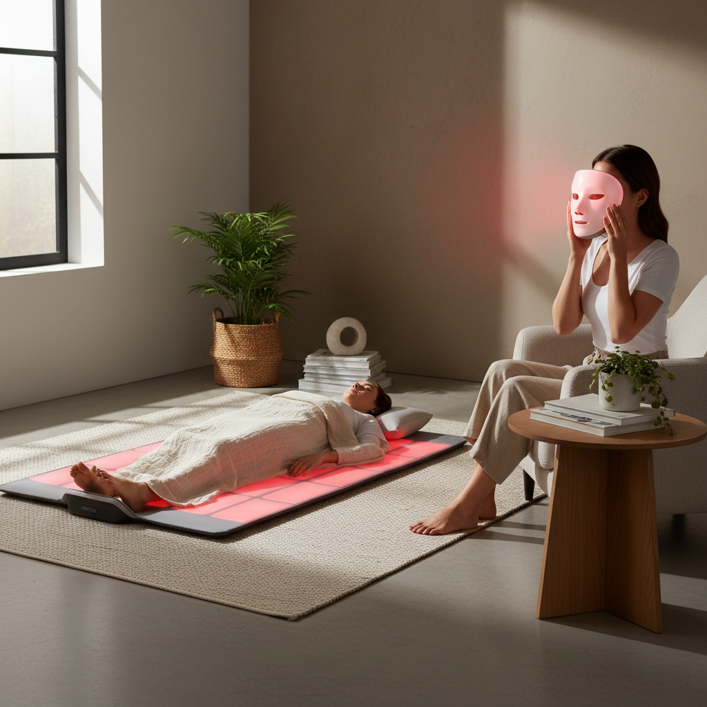 A side-by-side comparison of a red light therapy mat and a face mask in a calm home wellness setting.