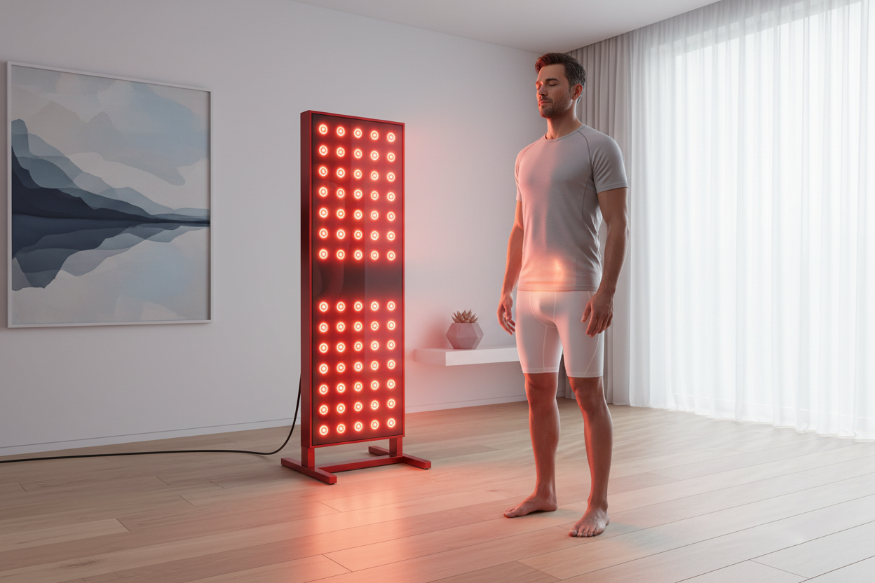A man in a modern home setting using a large vertical red light therapy panel, standing at a safe distance with the red and near-infrared light targeting his lower body.