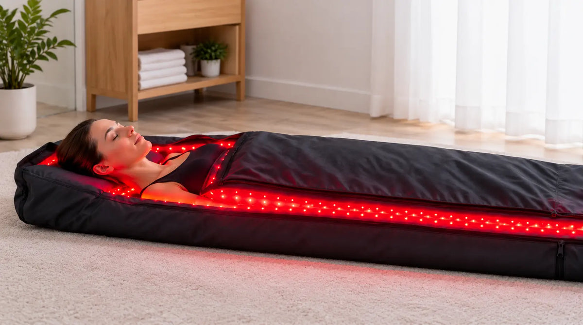 A girl lying in a red light therapy sleeping bag