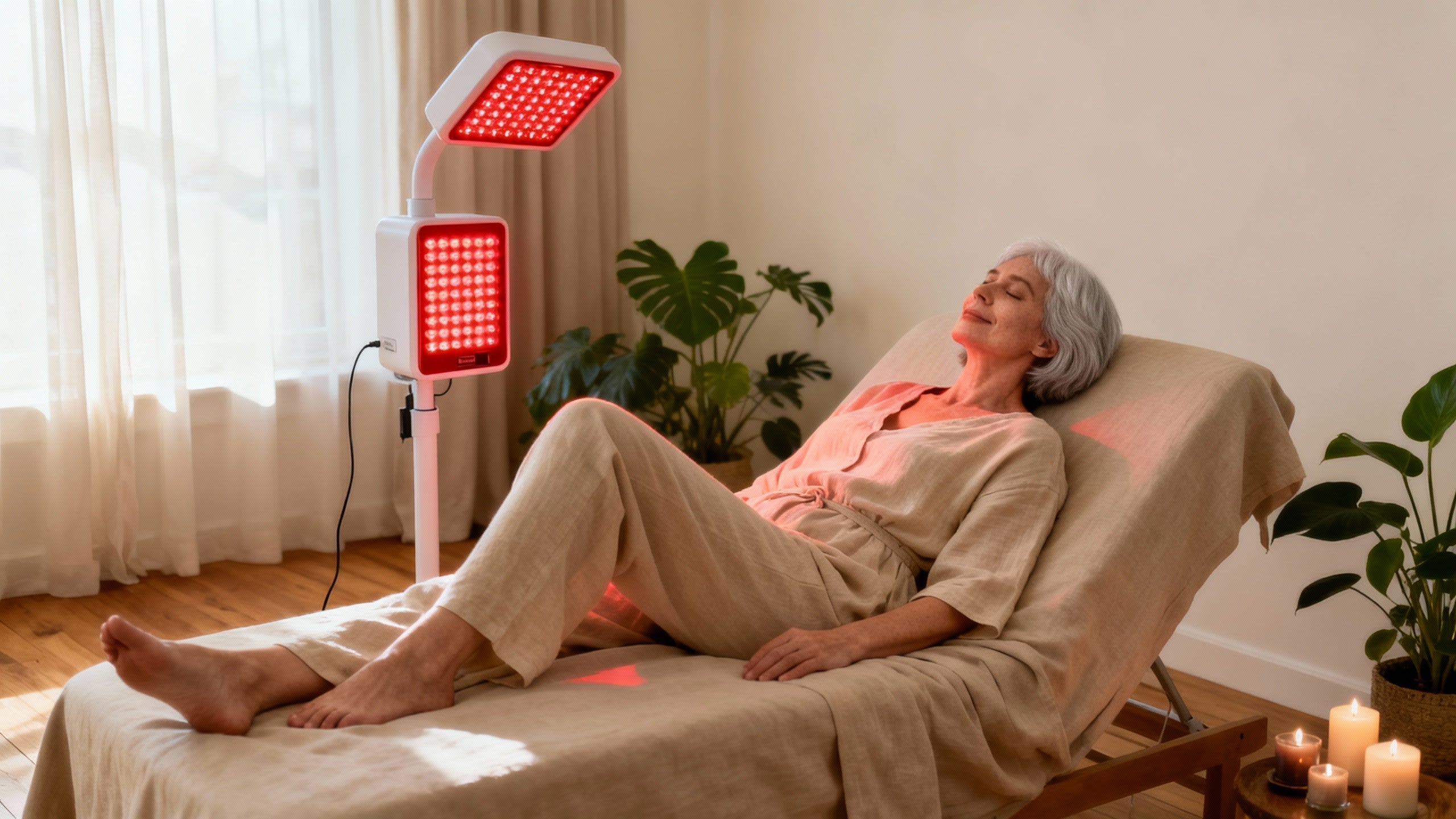 Older woman relaxing with red light therapy at home