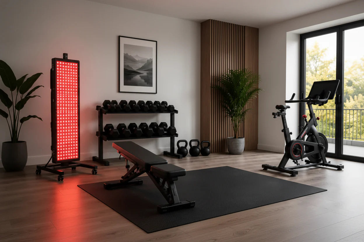 A large red light therapy panel set up in a clean home recovery room with exercise equipment nearby and clear open floor space.