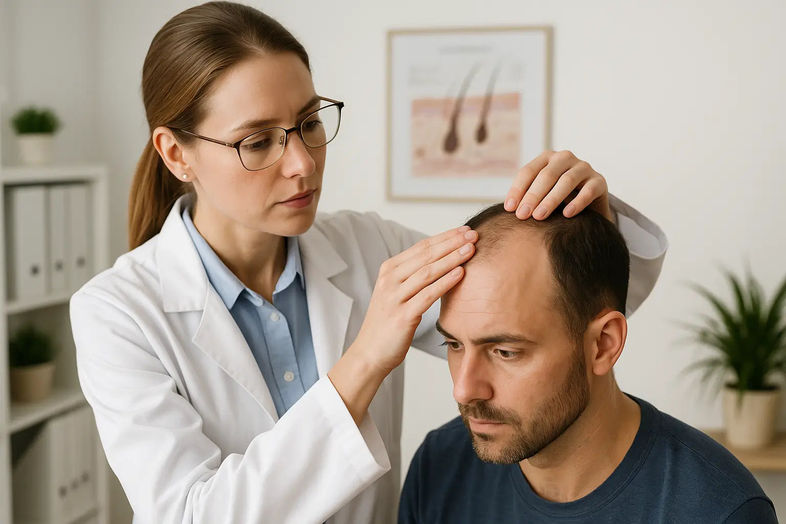 Dermatologist examining a man's receding hairline