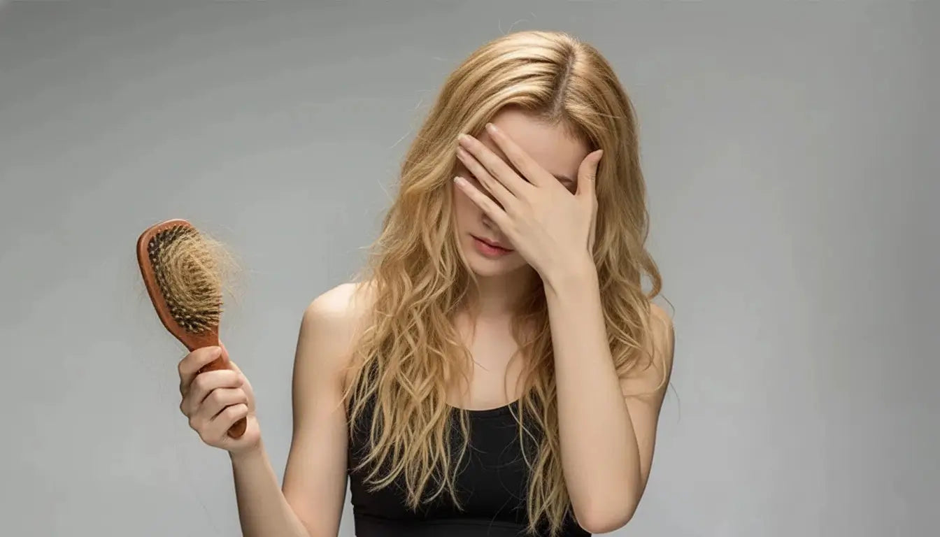 Woman holding a hairbrush full of shed hair, covering her face in frustration, symbolizing female hair loss