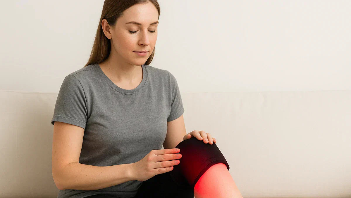 Woman using a red light therapy knee wrap at home to relieve knee pain.