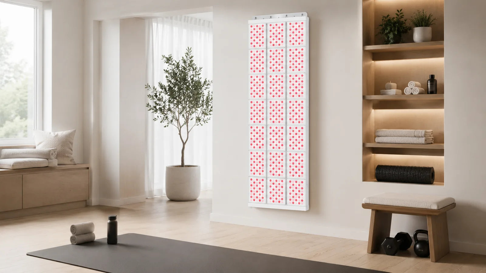 A large red light therapy panel set up in a clean shared home recovery room with a mat and open floor space.