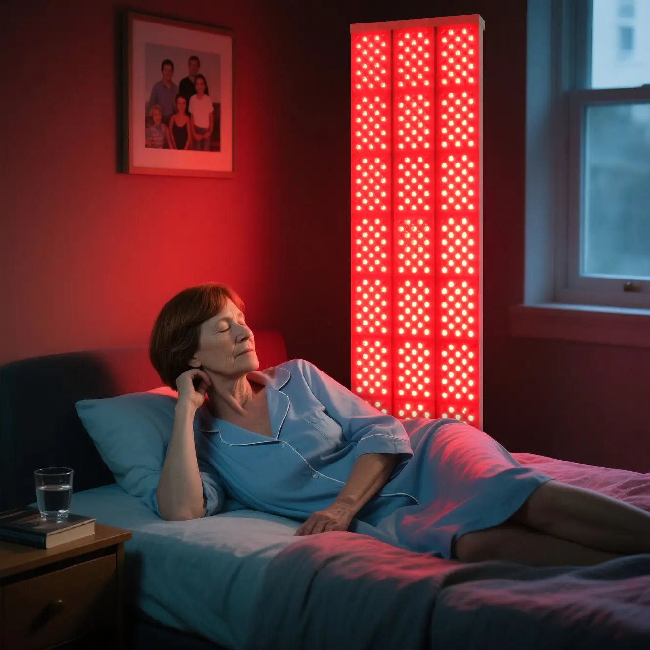A person comfortably using a full-body red light therapy panel at home, illustrating a wellness routine.