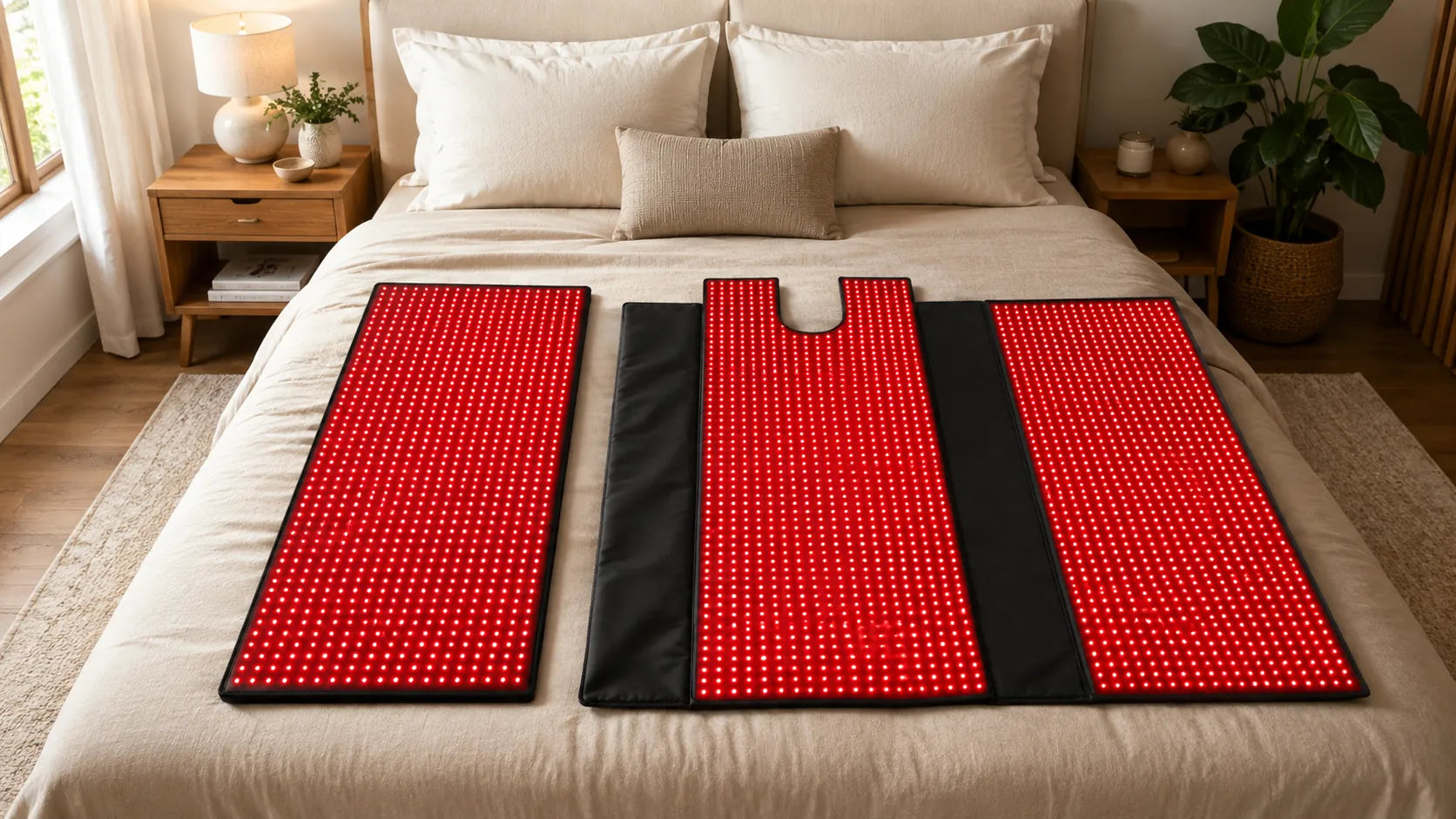 A full-body red light therapy mat placed on a bed beside an enclosed red light therapy sleep bag in a home wellness room.