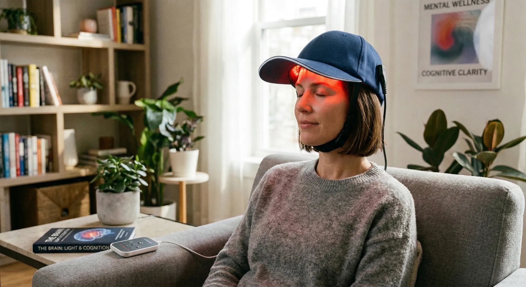 A person using a red light therapy device for brain health and mental clarity
