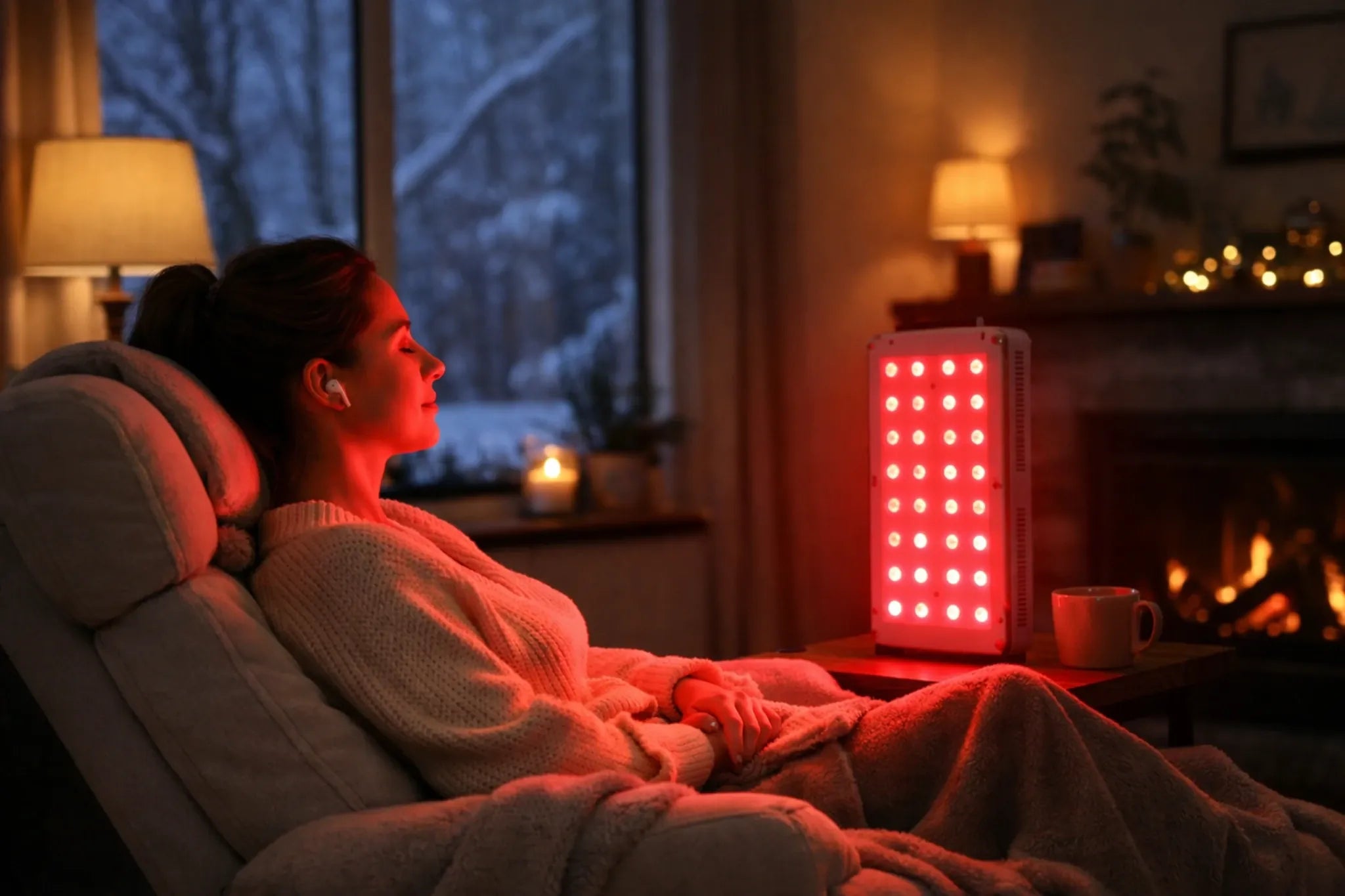A person relaxing in a cozy living room while using a red light therapy panel during a dark winter evening.