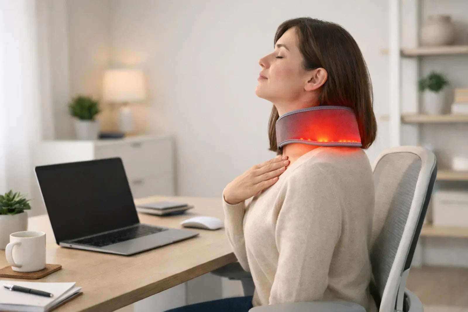 A person sitting at a modern office desk using a portable red light therapy panel to treat neck and shoulder tension during a work break.