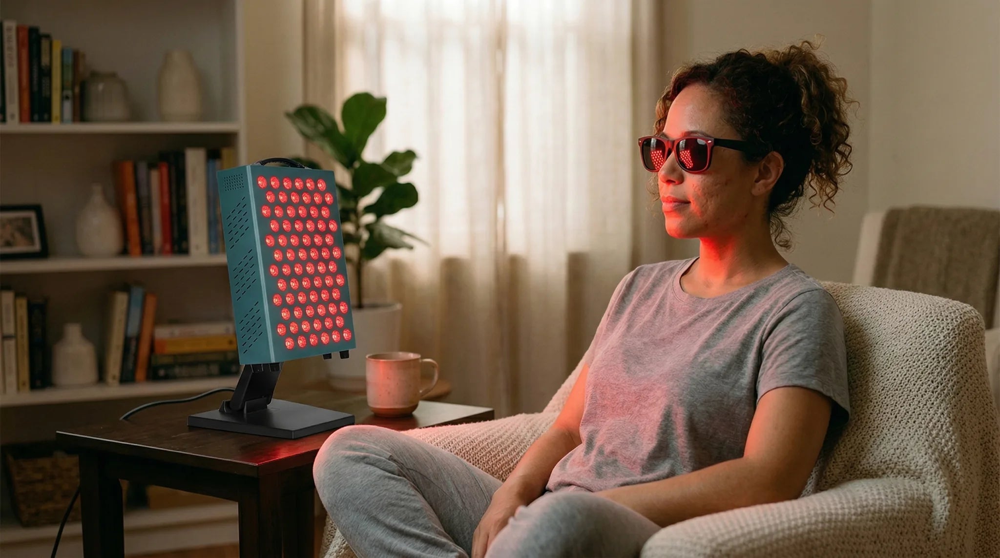 A person using a red light therapy panel for face scars and skin rejuvenation in a relaxed home setting