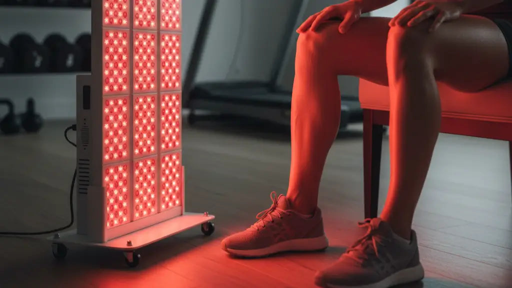 A person using a red light therapy panel on their legs for post-workout muscle recovery in a home gym