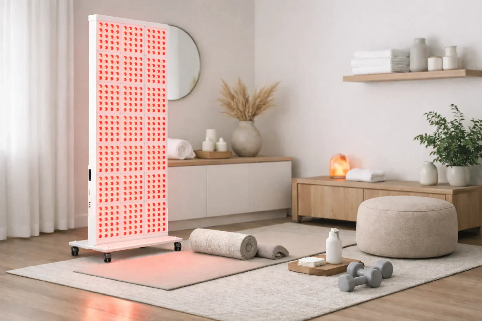 A professional red light therapy panel emitting a soft glow in a clean and organized home wellness space.