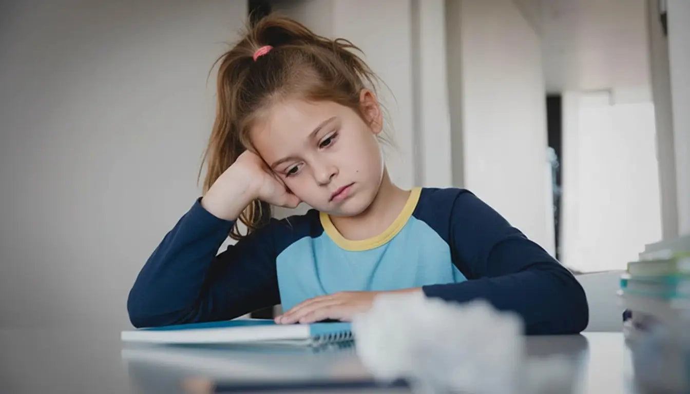 Tired young girl resting head on hand while studying at desk