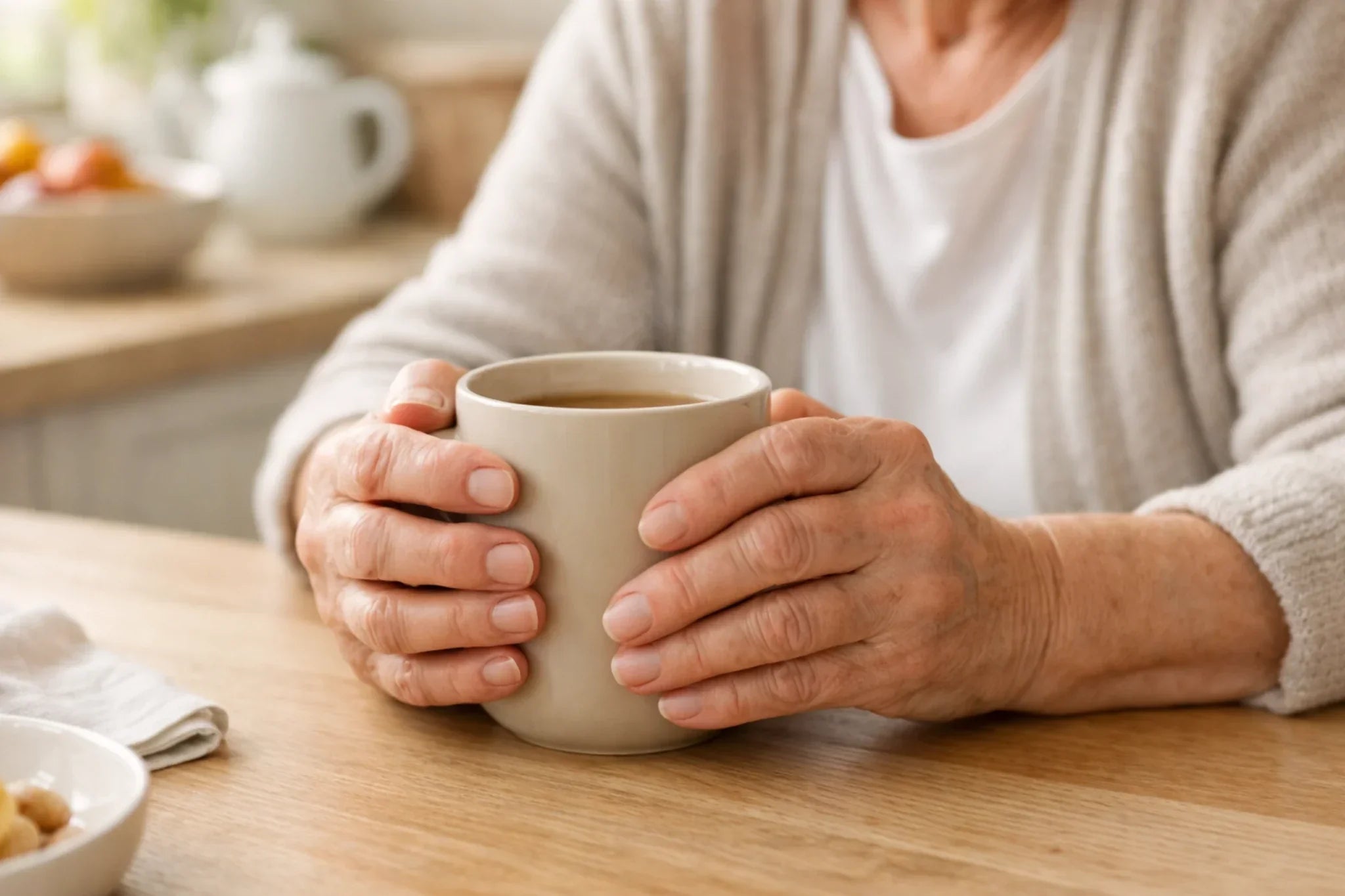 An older adult holding a warm coffee mug with both hands in a brightly lit kitchen as part of a morning routine.