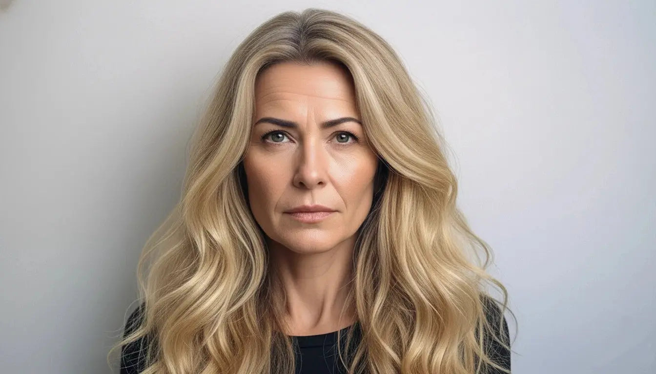 Blonde woman with wavy hair wearing a black top against a light gray background