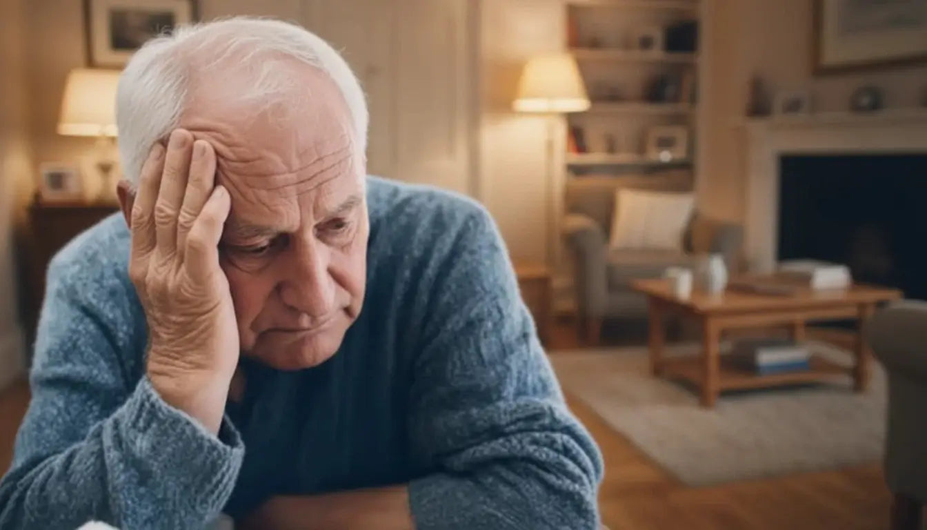 elderly man sitting at home holding his head and looking worried