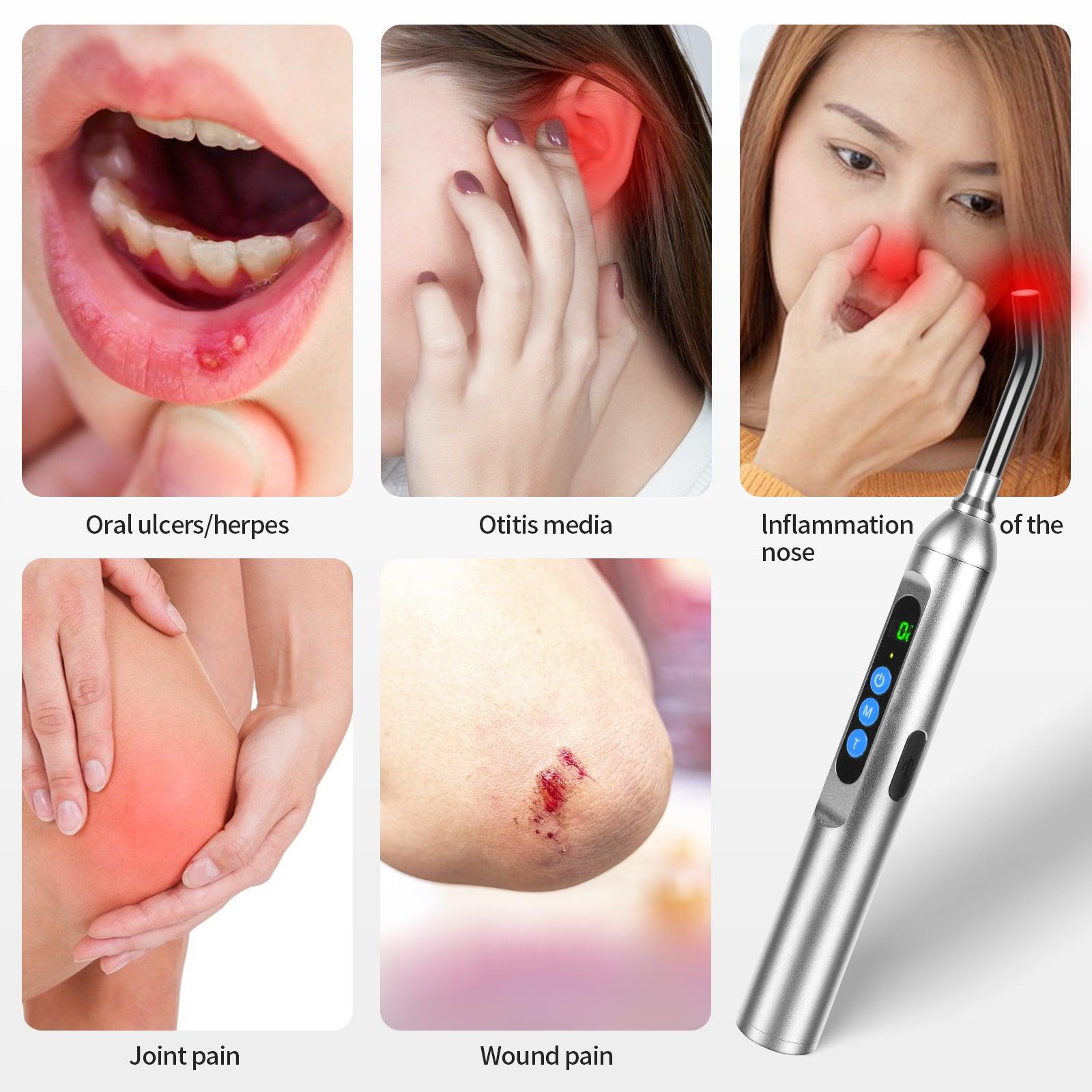 Youlumi Red Light Therapy Device treating oral ulcers, otitis media, nose inflammation, joint pain, and wound pain.