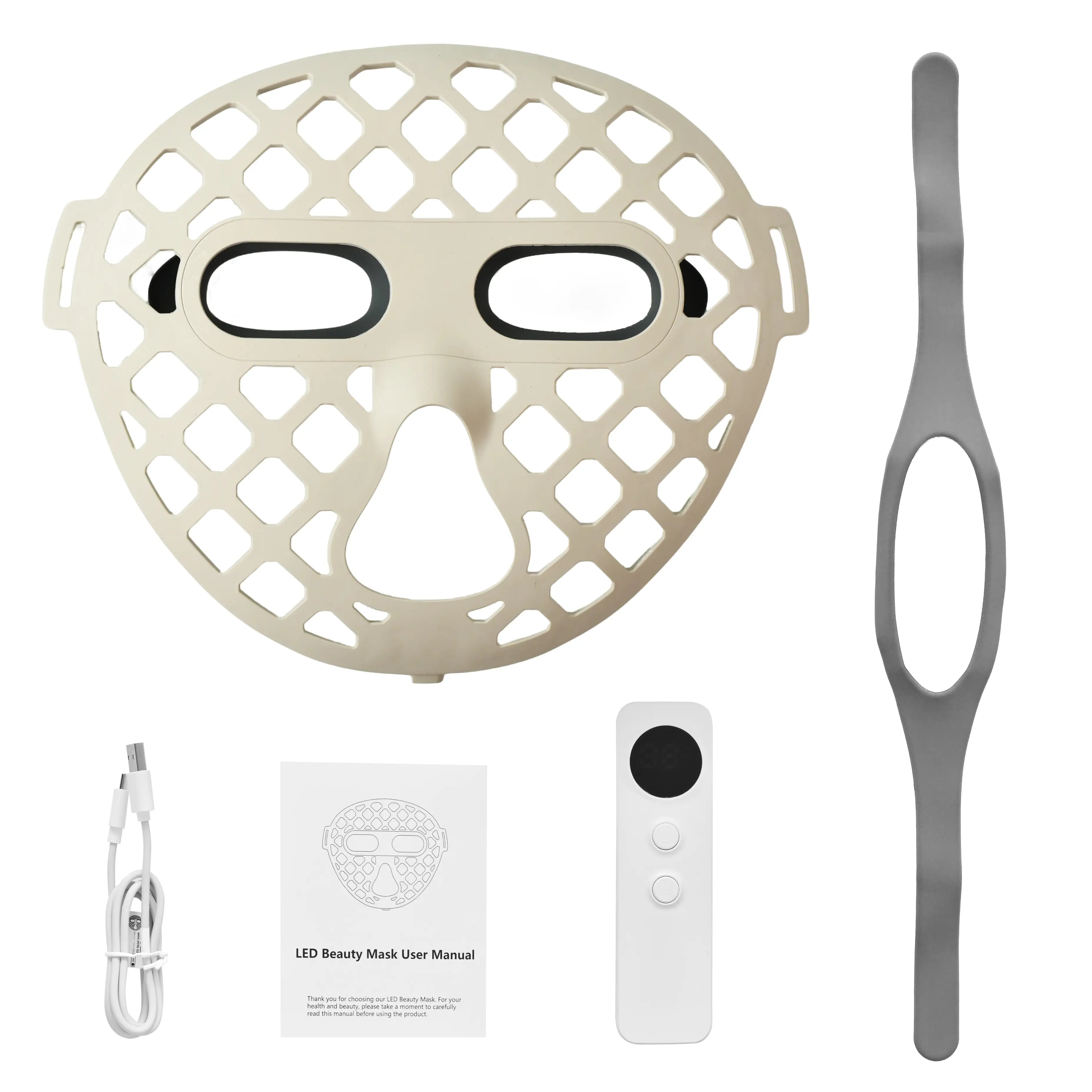 YL-IPM-Y03 red light therapy mask full set with mask, head strap, remote control, USB charging cable, and user manual.