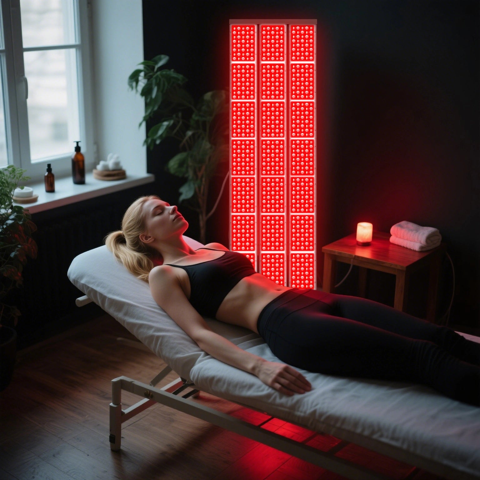 Woman relaxing on a treatment bed during full-body red light therapy with a tall LED panel