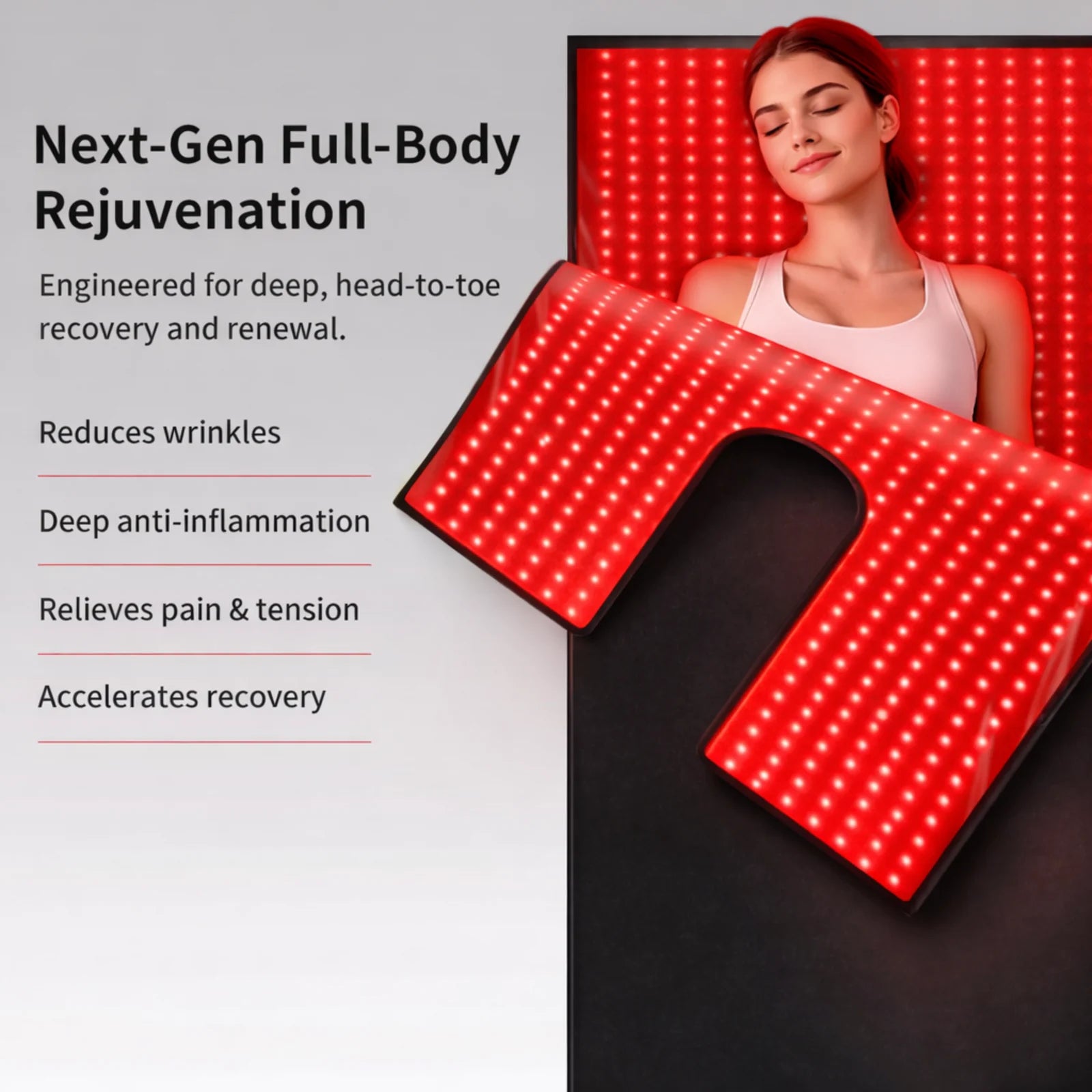 Laser + LED sleep bag in a full-body rejuvenation lifestyle ad with a woman relaxing against a glowing red light therapy pad.