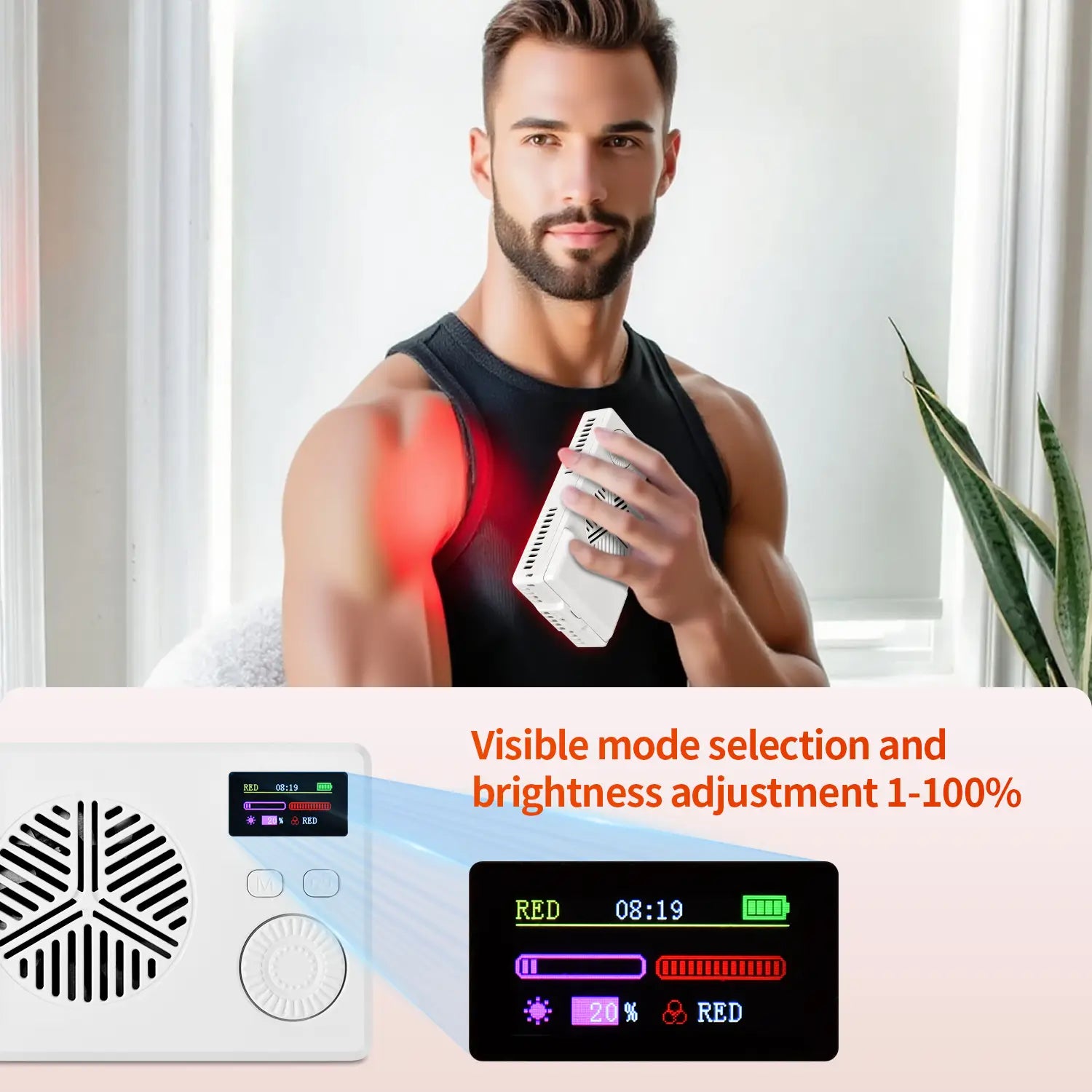 Portable red/NIR light panel (660nm & 850nm), compact home use; daily wellness routine.