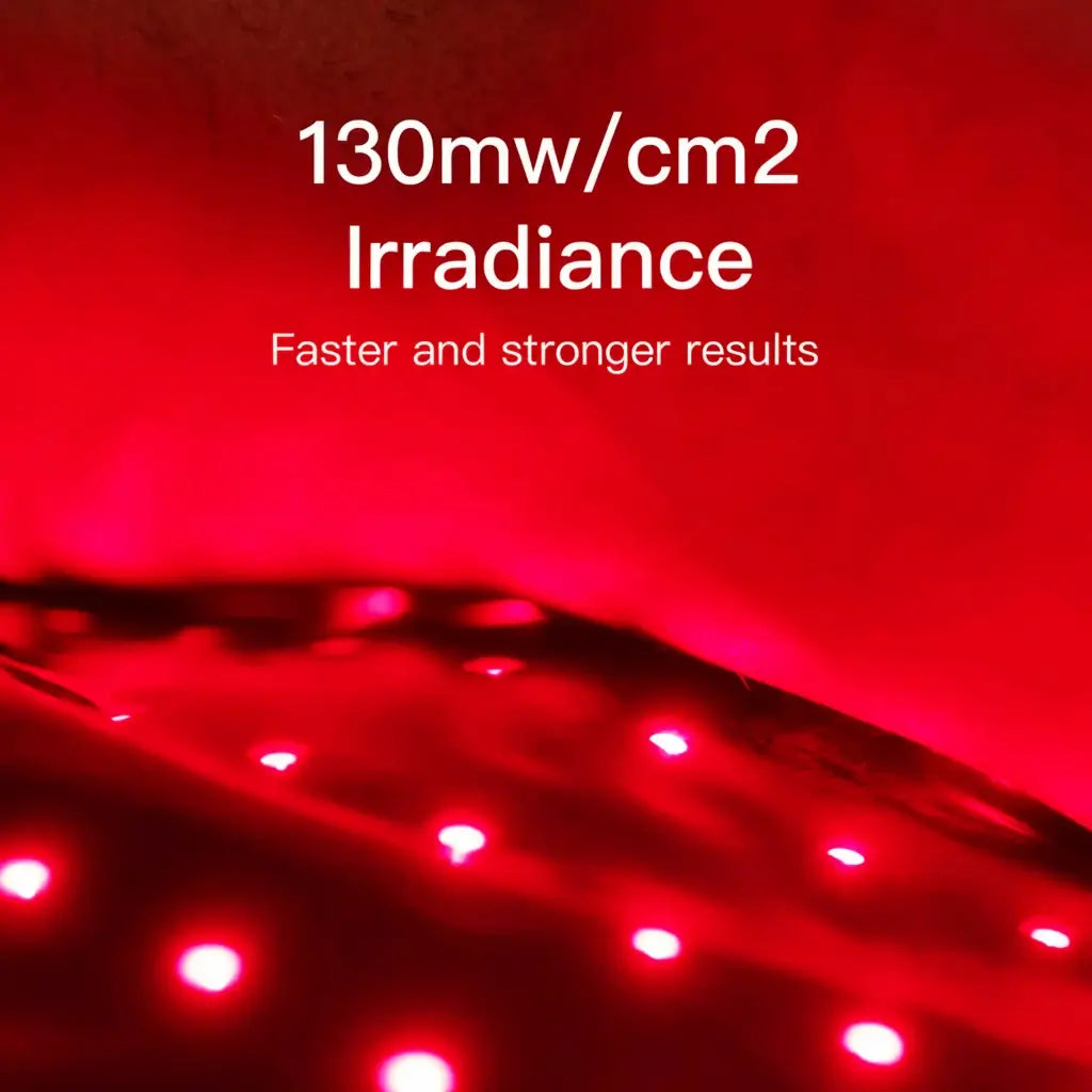 Red light therapy mat close-up showing 130 mW/cm² irradiance for faster, stronger results