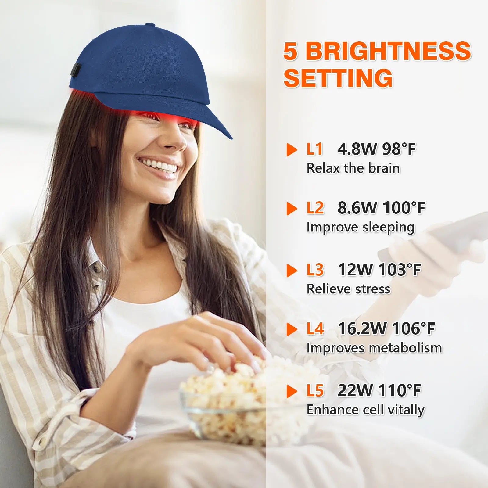 Five brightness levels of red light therapy cap with adjustable heat and light intensity.