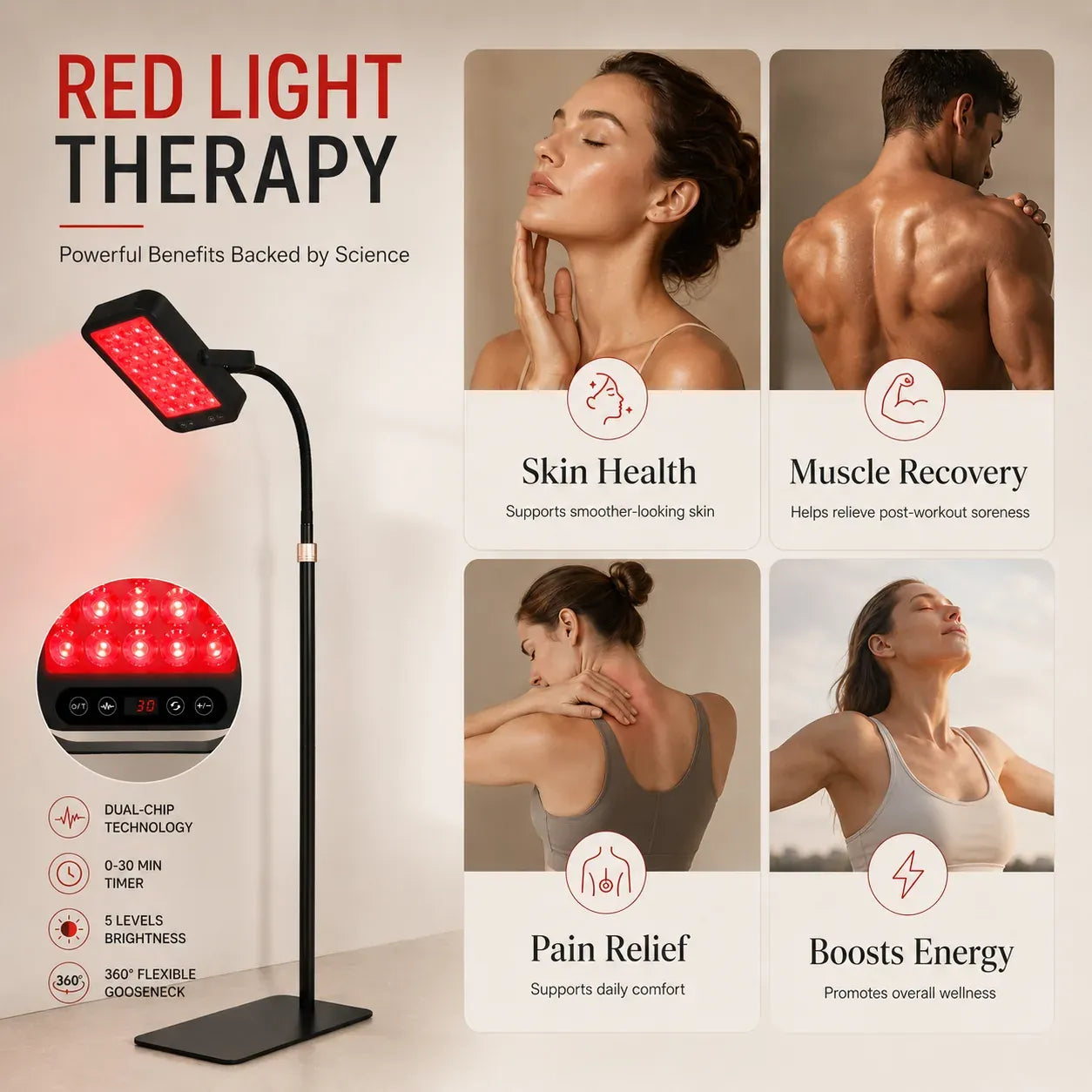 Red light therapy floor lamp with skin health, muscle recovery, pain relief and energy benefits