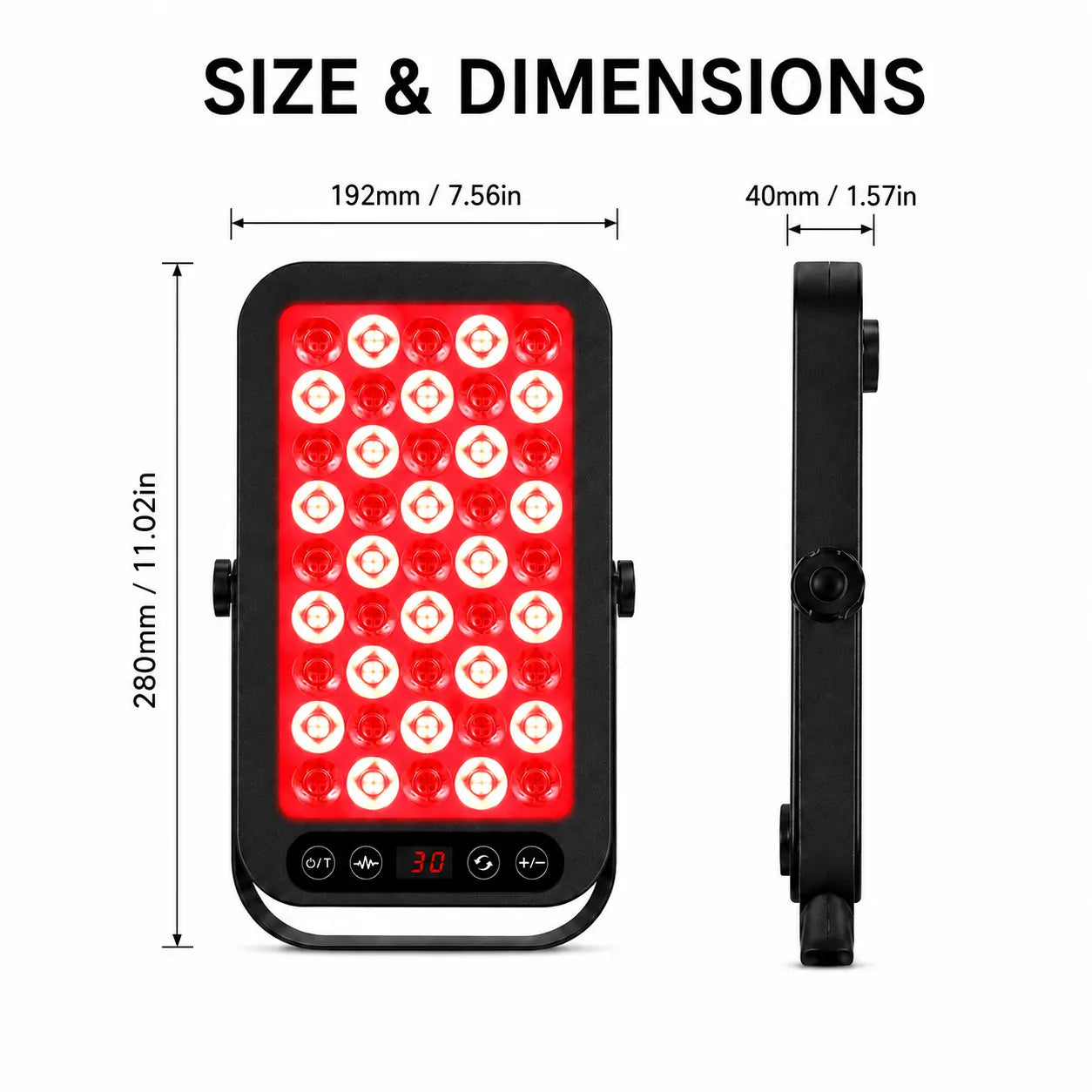 Red light therapy panel size and dimensions showing 192mm width, 280mm height and 40mm depth