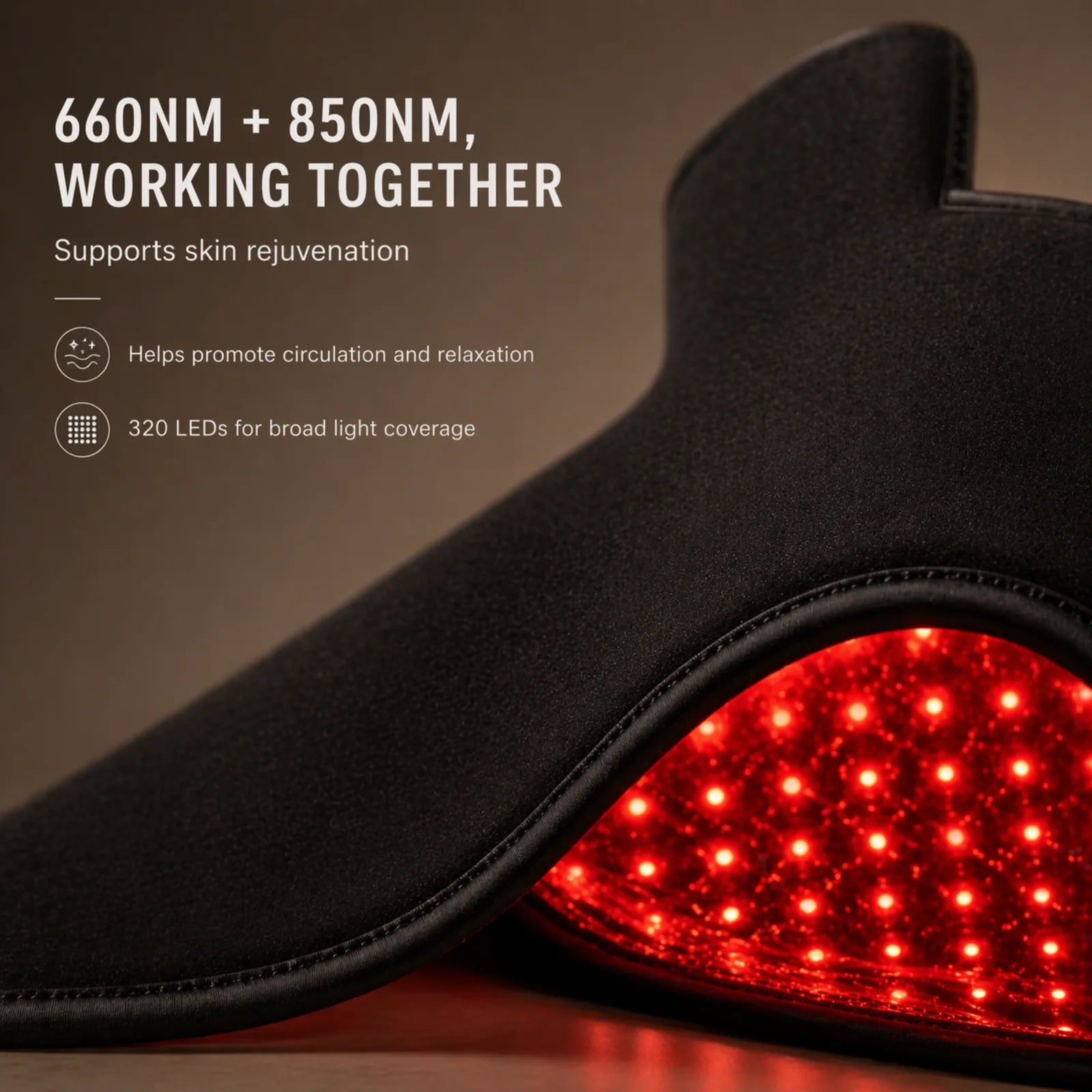 Close-up detail of red light therapy shoulder wrap with 660nm and 850nm LED light coverage