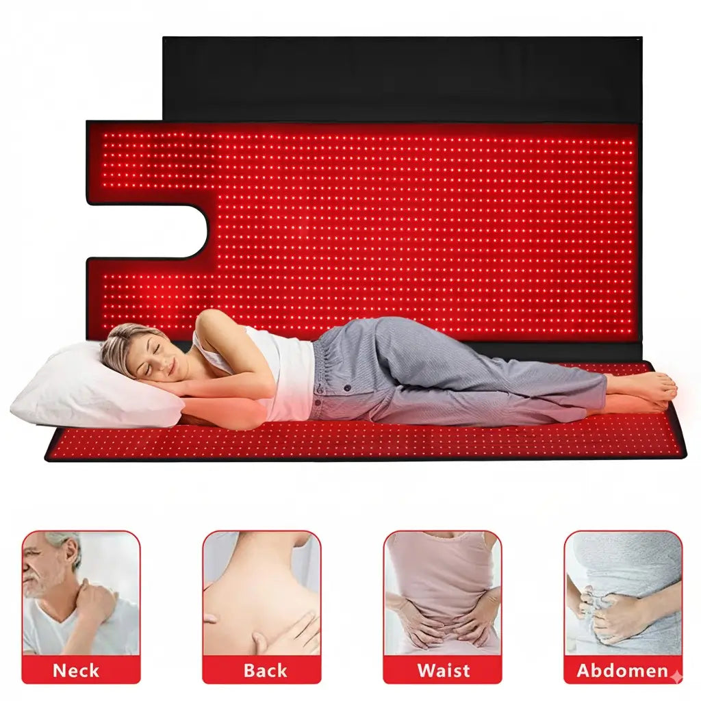 Woman using a red light therapy sleep bag while lying sideways, showing full-body LED coverage for neck, back, waist, and abdomen pain relief and recovery