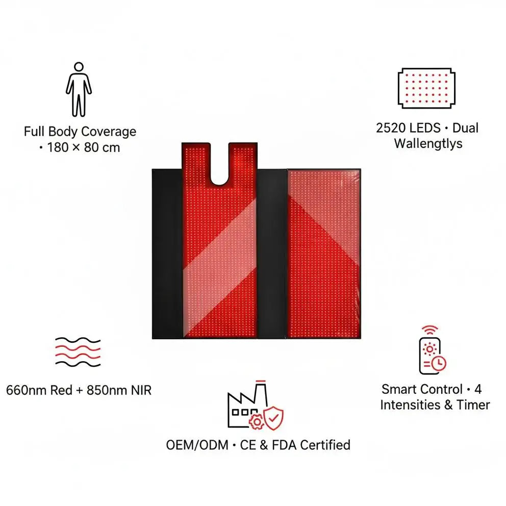 Red light therapy sleep bag product image with key features: full body coverage 180 × 80 cm, 2520 LEDs with dual wavelengths 660nm and 850nm, smart control with 4 intensities and timer, OEM/ODM with CE and FDA certification