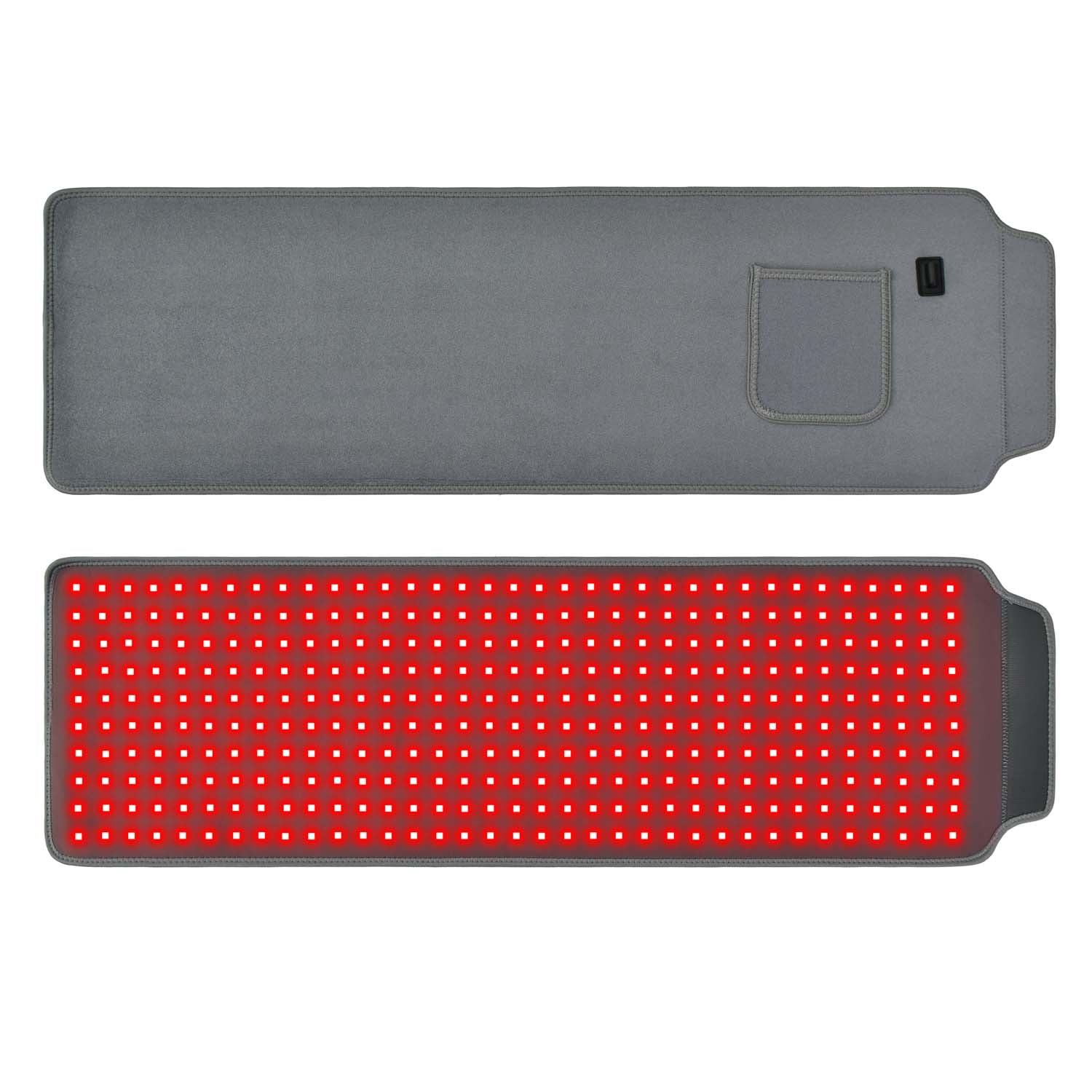 YOULUMI Red Light Therapy Belt, gray fabric and red LED light therapy side for pain relief and healing.