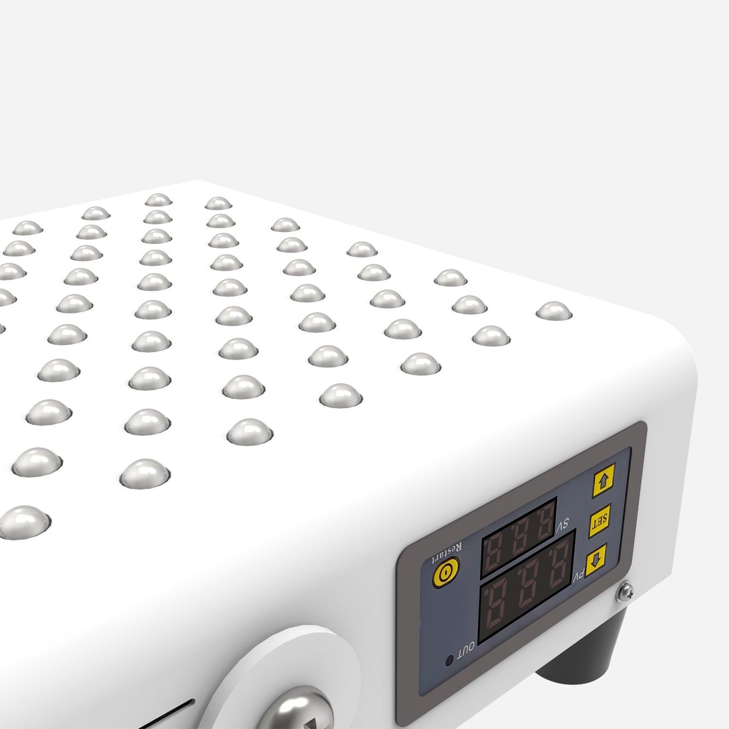 YOULUMI Red Light Therapy Panel - IPR-001: Close-up of white panel with LEDs and digital display for red light therapy.