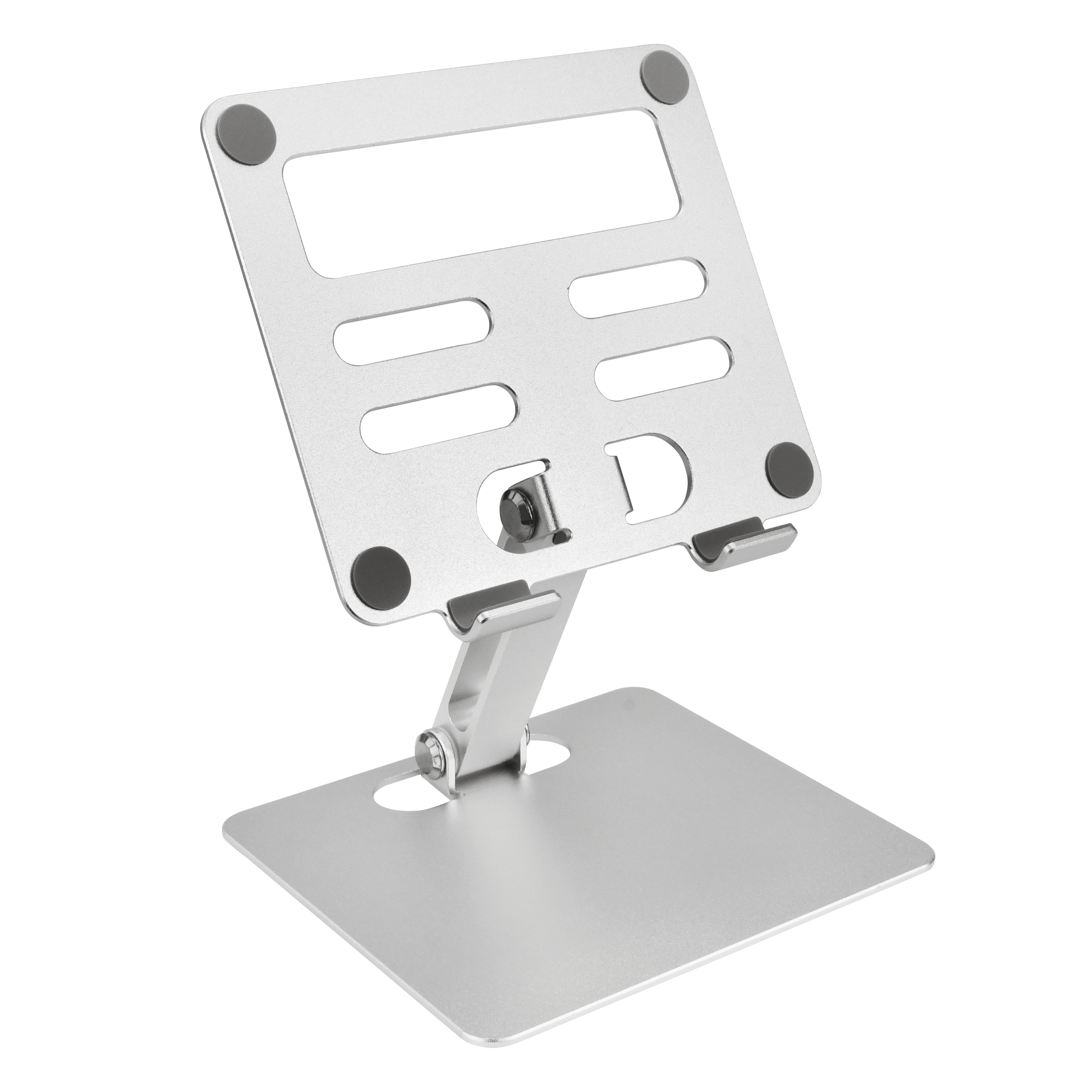 Silver laptop stand with adjustable height and angle for improved ergonomics.