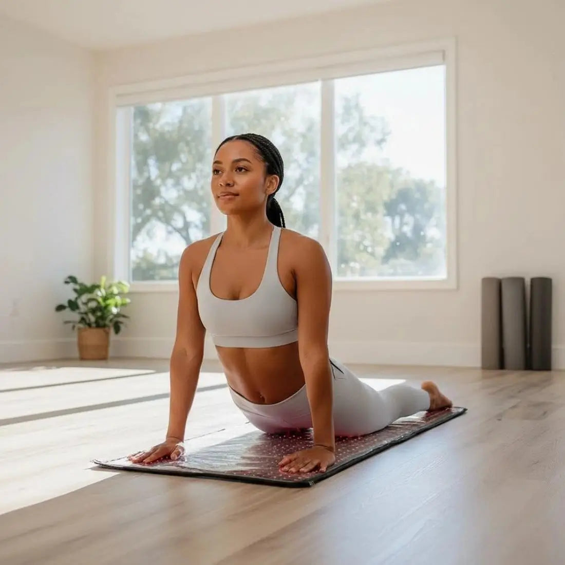 A woman with braided hair is performing a yoga pose (upward-facing dog) on a red light therapy mat in a bright, sunlit room. She is wearing a light gray sports bra and matching leggings. In the background, there's a potted plant and large windows looking out onto trees, with three rolled yoga mats stacked against the wall on the right.