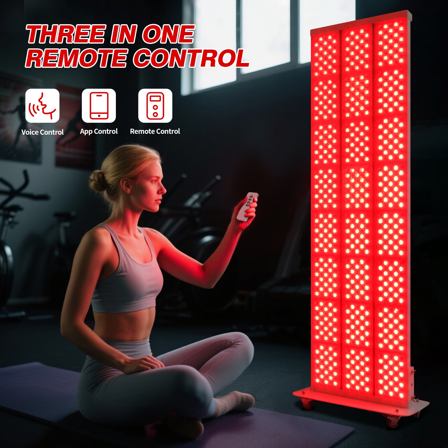 Woman using YL-IRP010-06L red light therapy panel with voice, app, and remote control options in gym setting