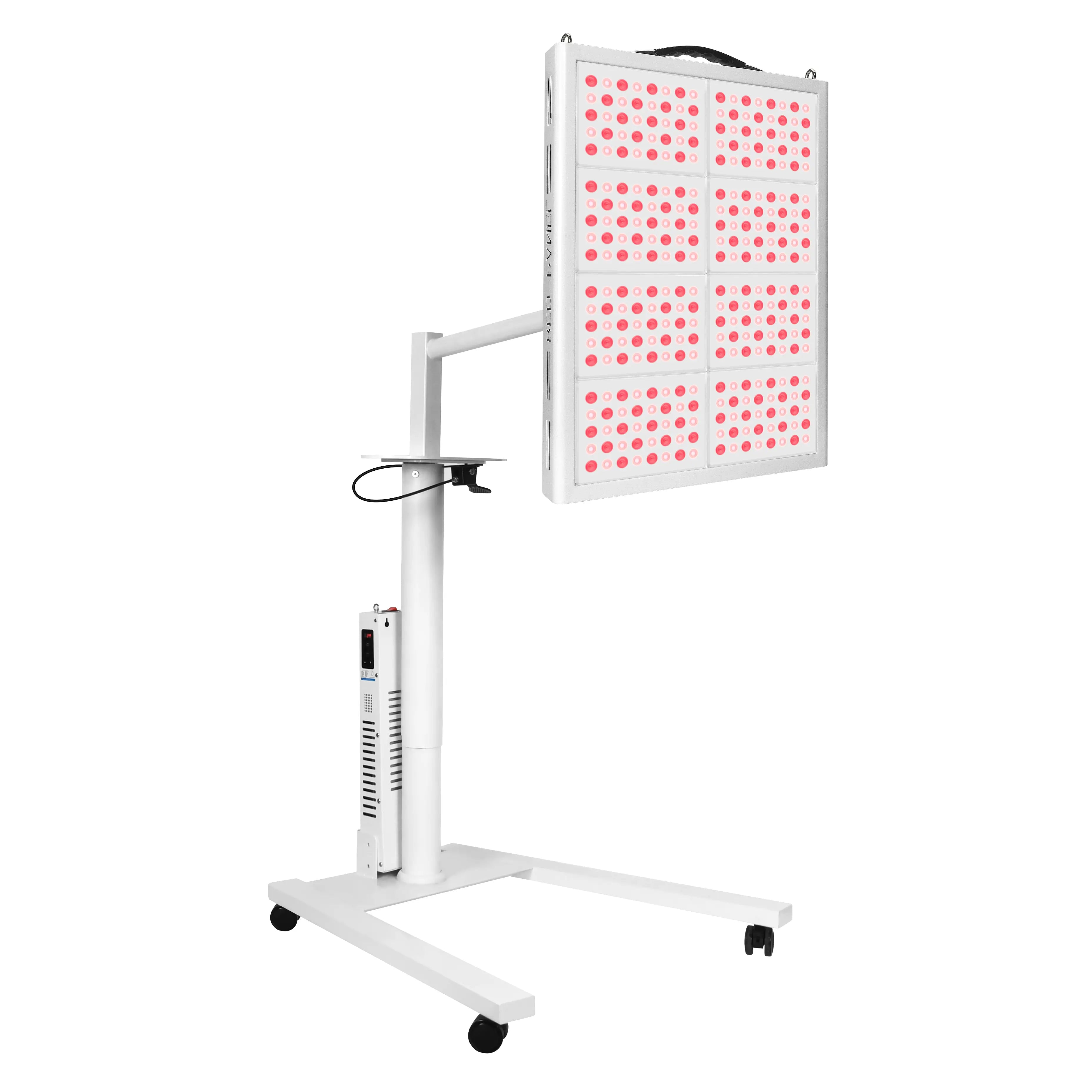 Side angle view of YL-IRP010-08T red light therapy panel with 1280 LEDs and height-adjustable mobile stand