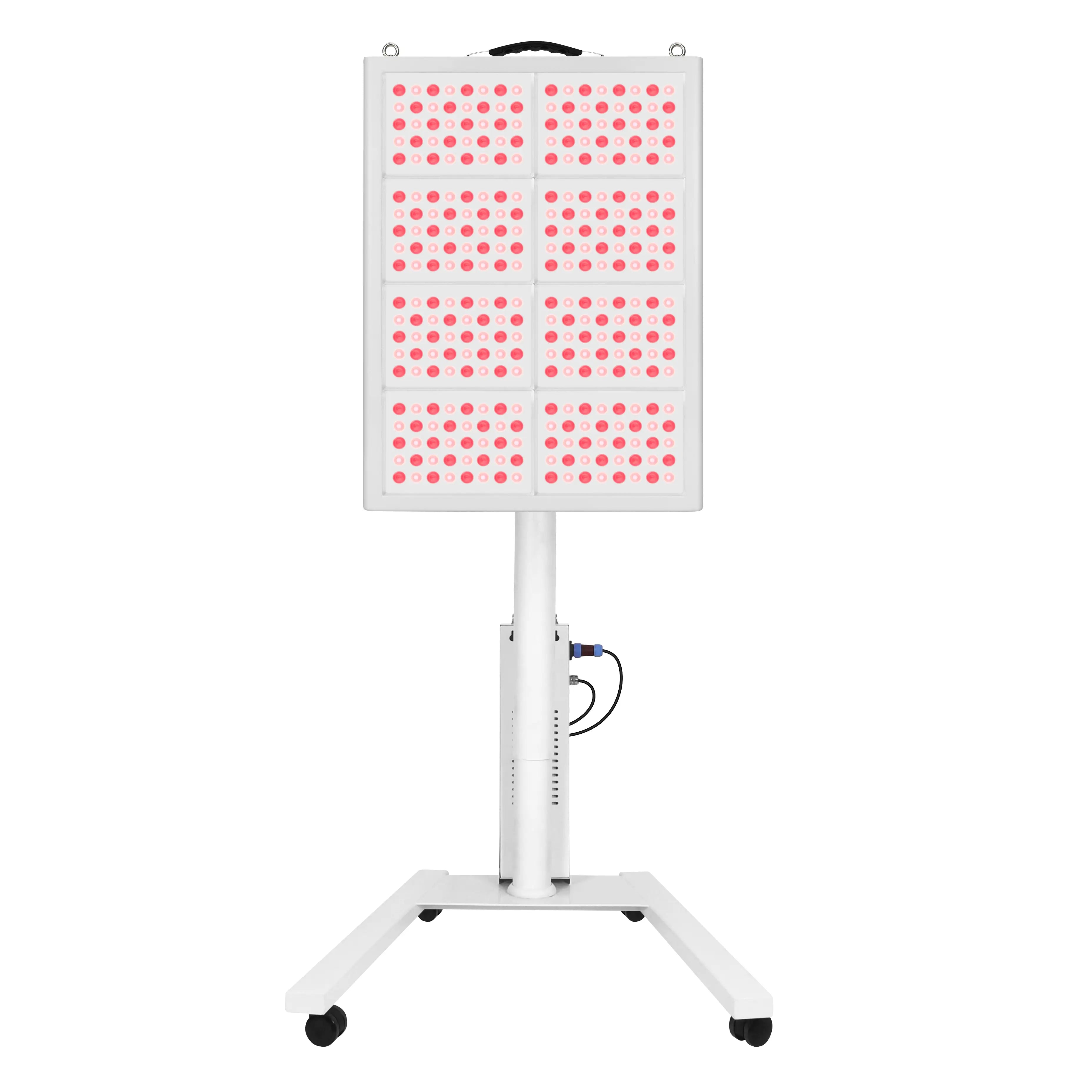 Front view of YL-IRP010-08T red light therapy panel with 1280 LEDs and rolling stand for full-body treatment