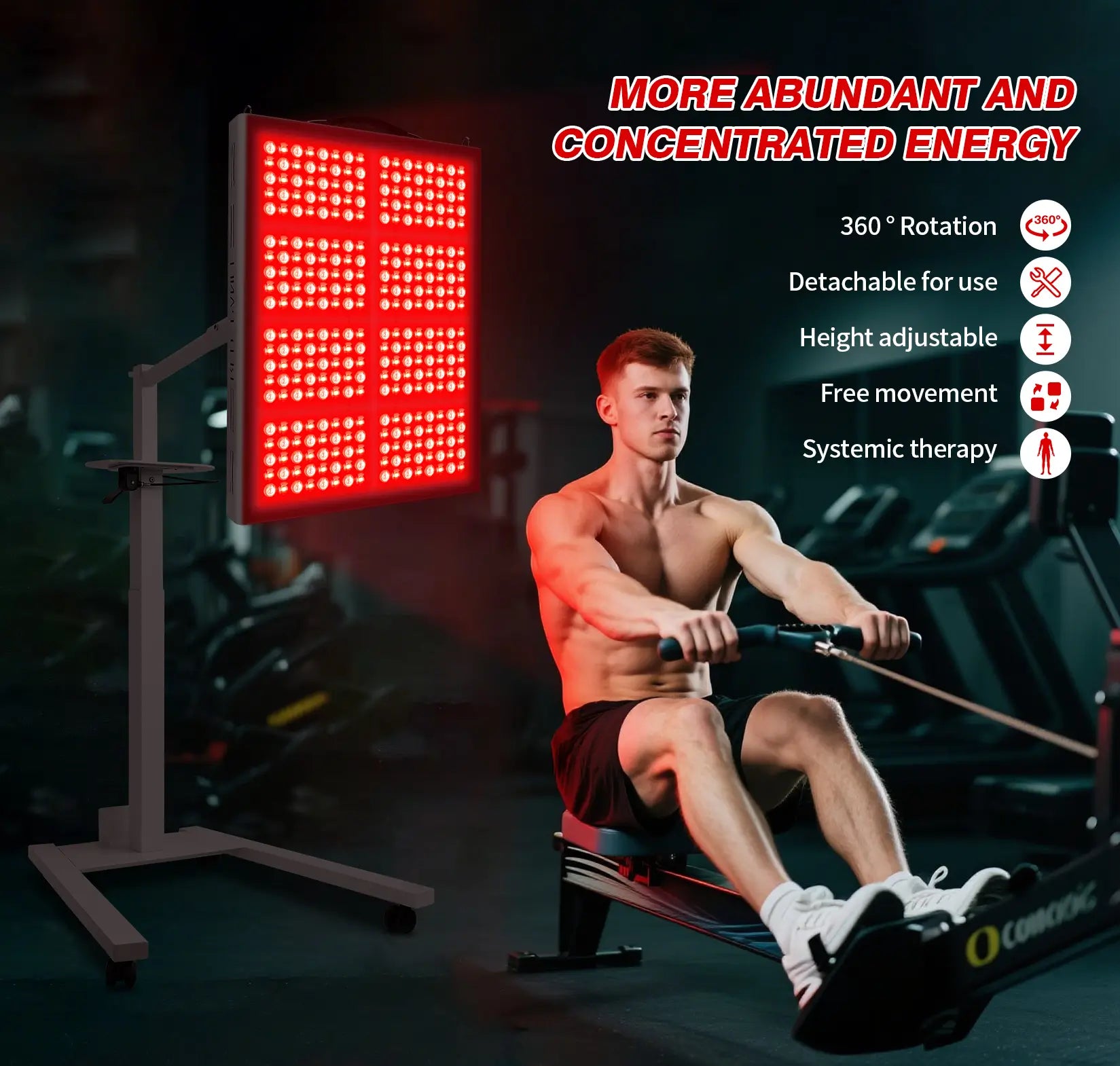 Athlete using YouLumi IRP010-08T red light therapy panel during rowing workout for muscle recovery and performance enhancement