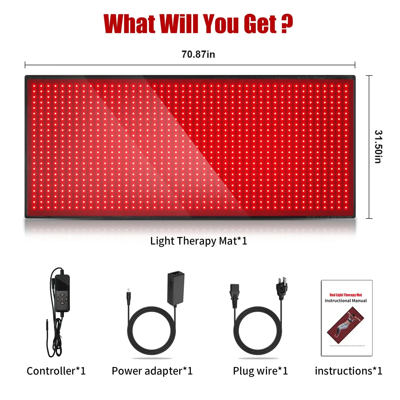 Red light therapy mat kit 70.87×31.5 in — mat, controller, power adapter, plug wire and manual (what’s included).