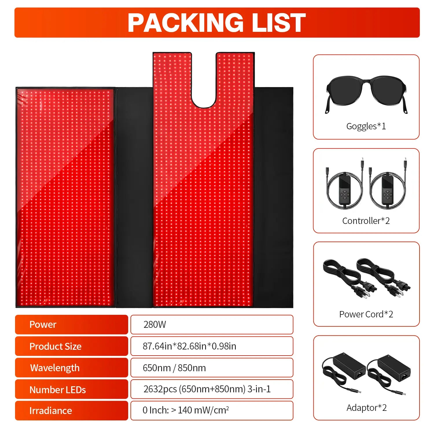YouLumi red light therapy mat packing list — 280W, 2632 LEDs (650nm + 850nm), >140 mW/cm² at 0 in; includes goggles ×1, controllers ×2, power cords ×2, adapters ×2; size 87.64×82.68×0.98 in.