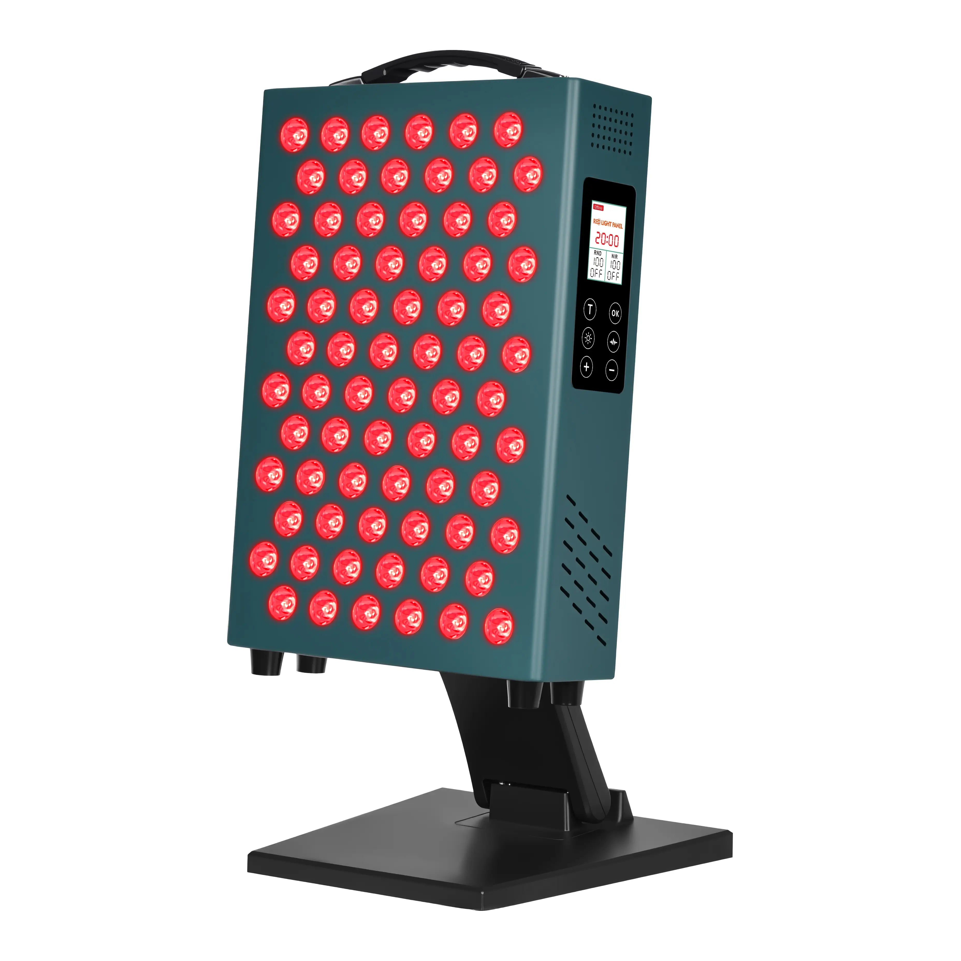 YouLumi desktop red light therapy panel with timer display, 3/4 angle on stand, LEDs on