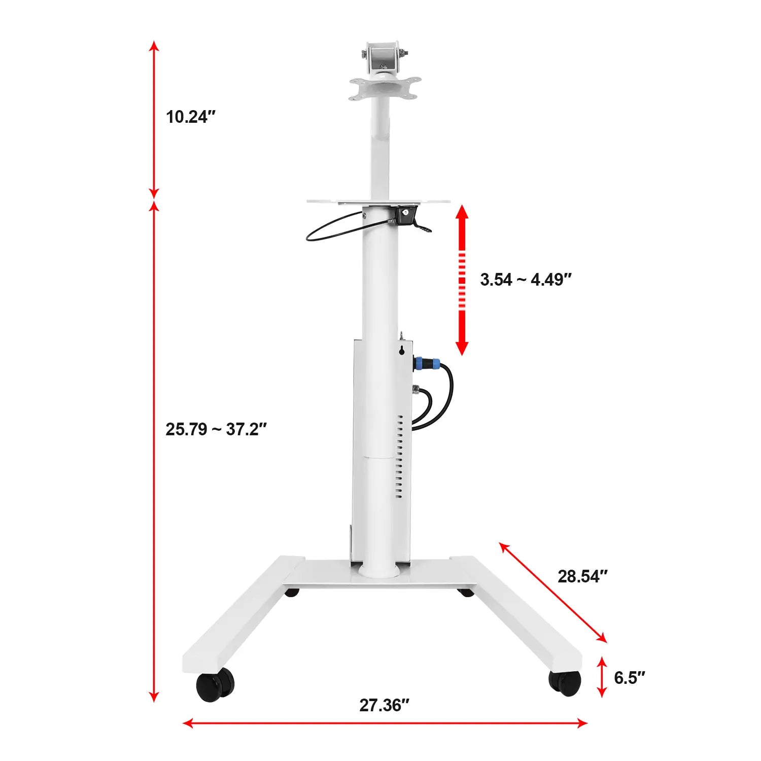 Adjustable red light therapy stand with caster wheels and mounting plate, dimensions labeled: width 27.36 in, depth 28.54 in, height range 25.79–37.2 in.